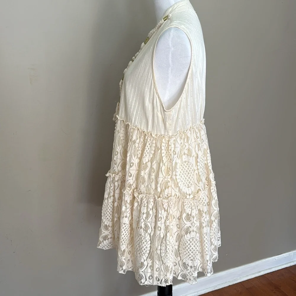 Lola Casademunt Bohemian Sleeveless V-Neck Lace Ivory‎ Cotton Mini Dress Size L